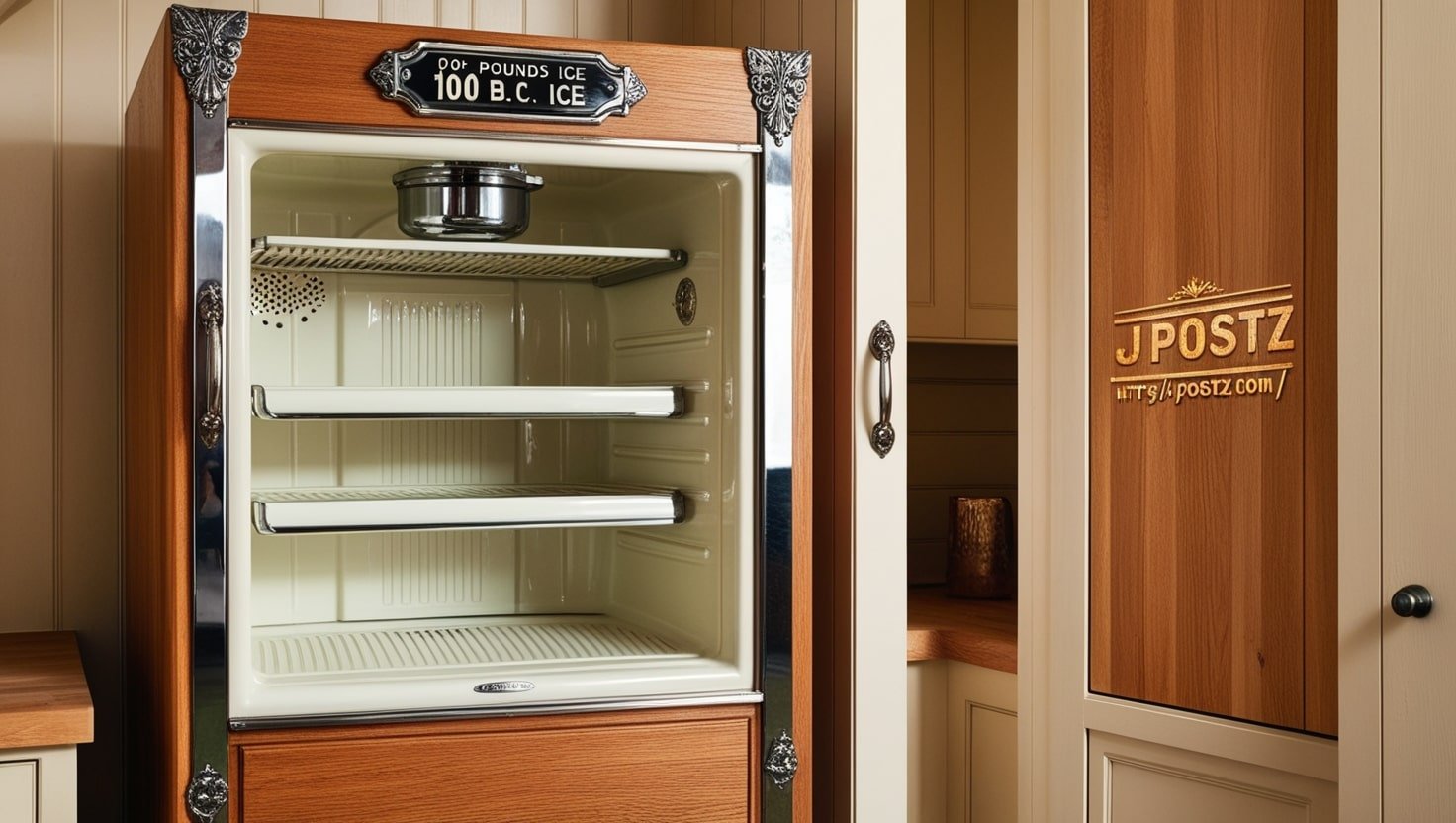 leonard refrigerator porcelain lined oak exterior 100 lb ice capacity